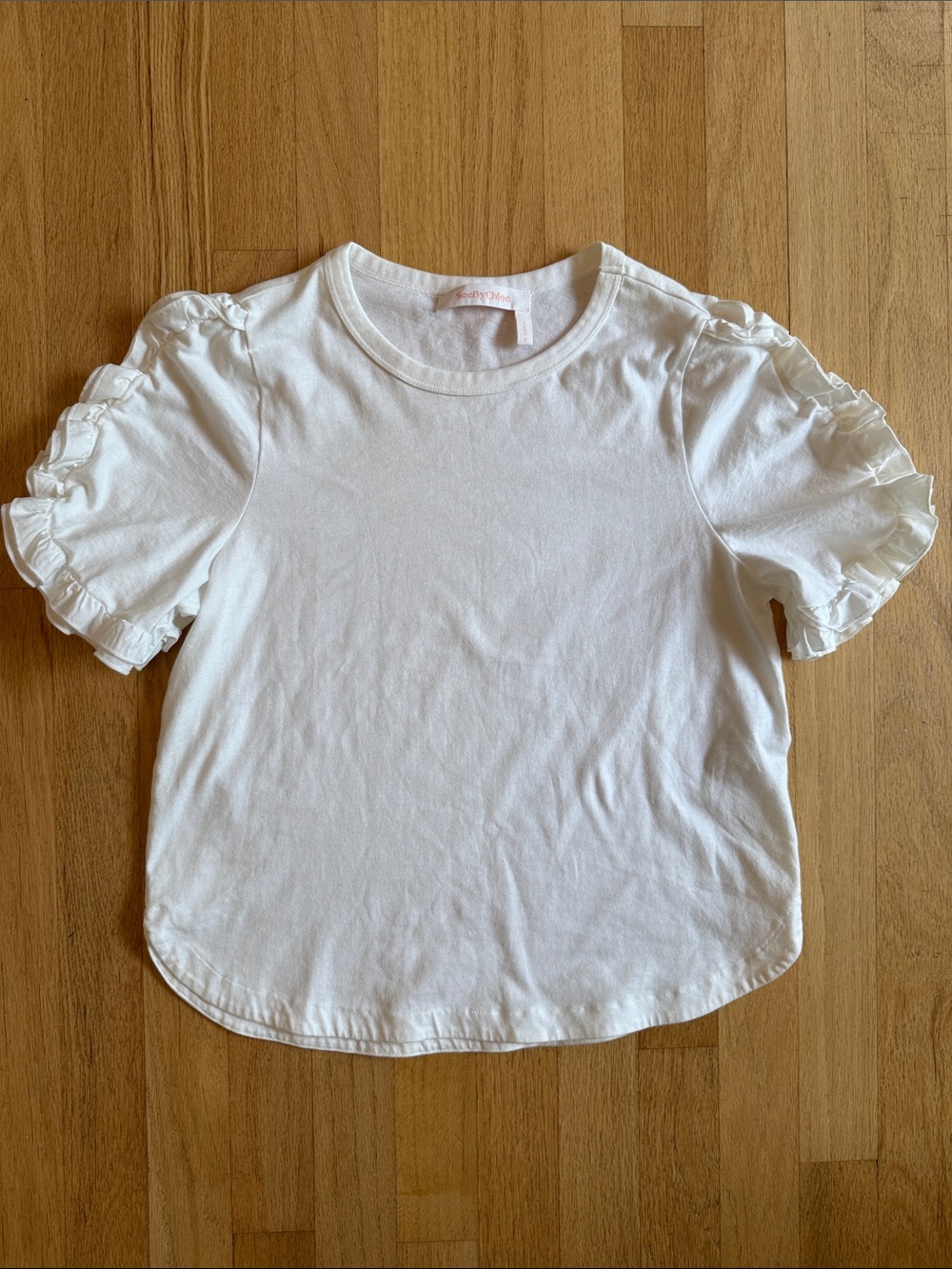 Like New: See by Chloe White Ruffle Sleeve Tee, sz. Small